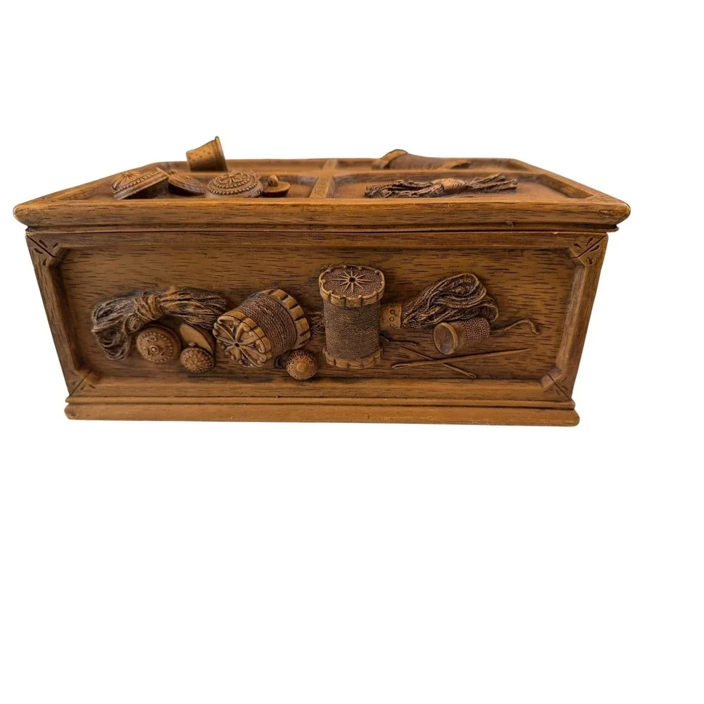 Vintage Wasa Resin Sewing Box Faux Wood Relief Carved Notions Organizer Chest